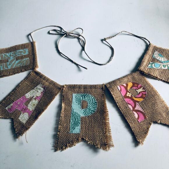 "Happy" Burlap Embroidered Decorative Banner Amy Butler Fabric Handmade Nursery - Picture 2 of 9